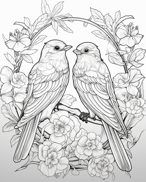 Sketch of Love Birds in Front of Flowers