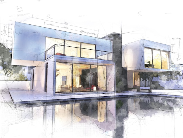 sketch of a luxurious modern house surrounded by a pool