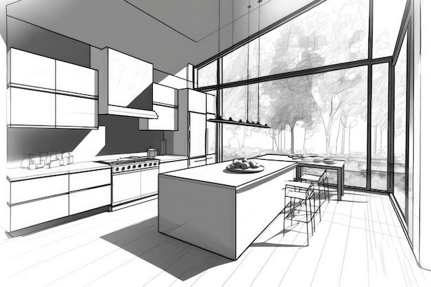 A sketch of a minimalist kitchen with clean lines sleek appliances and natural light