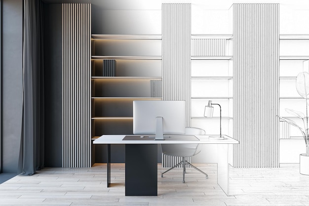 Sketch of modern concrete and wooden stylish designer office\
interior with furniture computer monitor bookcase shelves design\
repairs and sketching concept 3d rendering