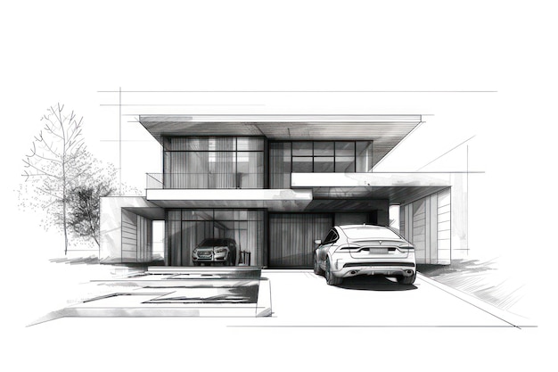 Sketch of modern house project with car in front Isolated on solid white background