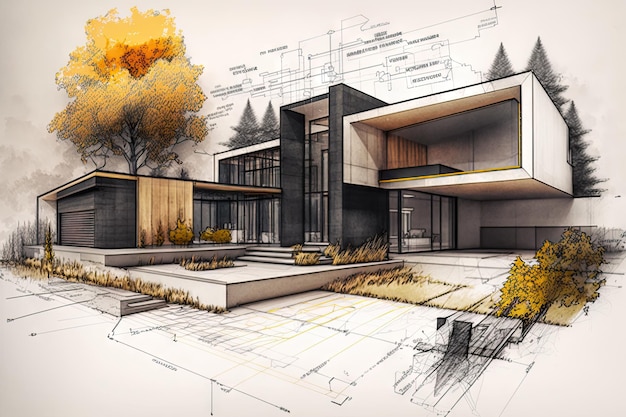 Sketch of modern house with details and elements highlighted in black created with generative ai