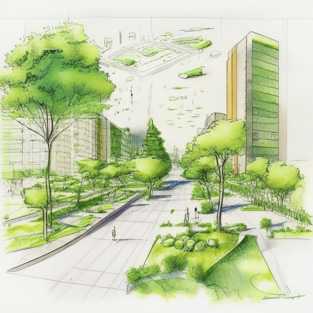 녹색 나무를 배경으로 한 현대적인 사무실 건물의 스케치 친환경 건축 AI 생성기