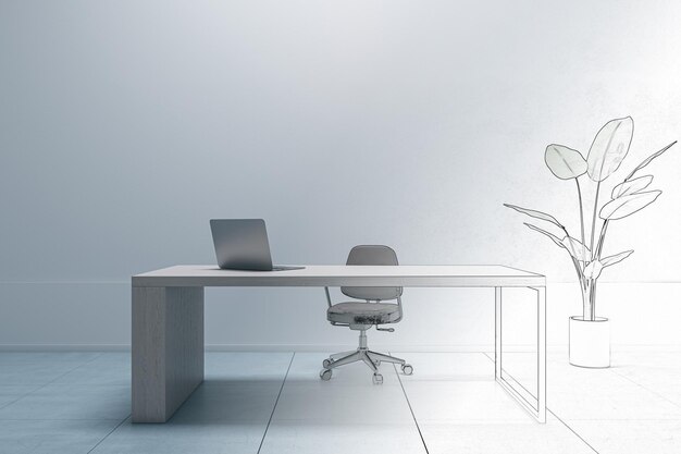 Photo sketch of modern office interior with desktop and laptop 3d rendering