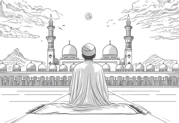 Foto disegno di moschea e palme, illustrazione vettoriale disegnata a mano