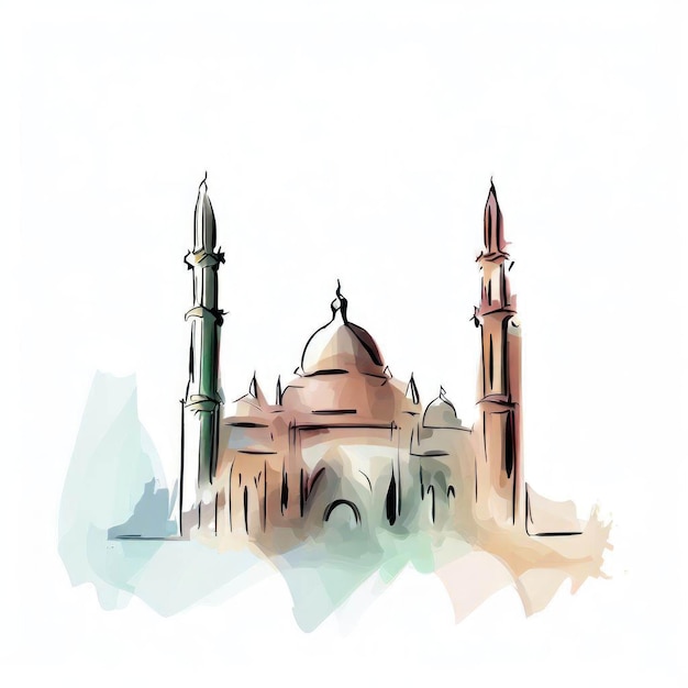 A sketch of a mosque with a blue dome and a white background.