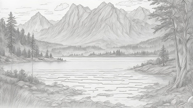 A sketch of a mountain landscape with a lake and mountains in the background.