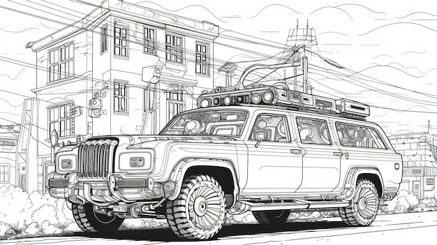 Sketch of an old car on the background of the city