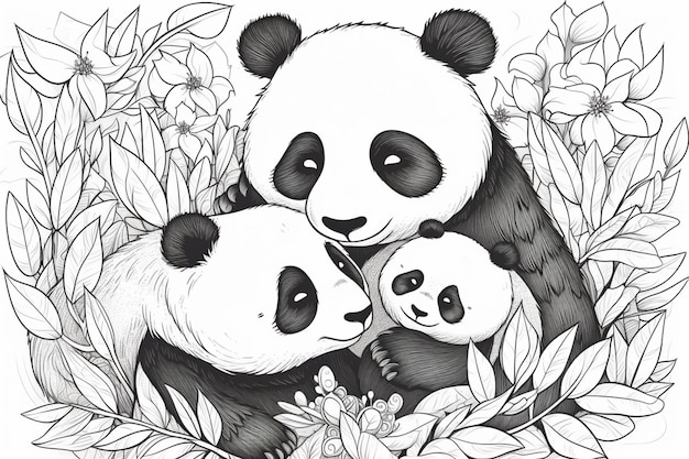 A sketch of a panda family with their baby.