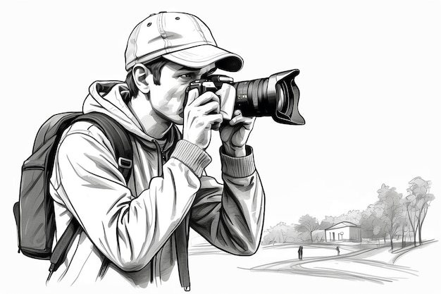 Photo sketch of a photographer taking picture on his camera