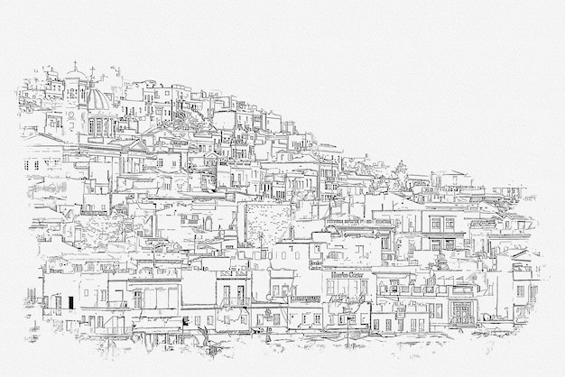 Photo sketch picture of panoramic view of mykonos town cyclades islandsmykonos greece