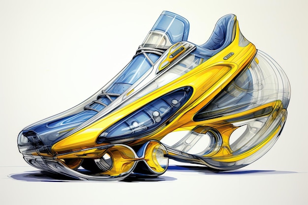 プロトタイプの靴の鉛筆画のダイナミックな未来的なスニーカーをスケッチします。