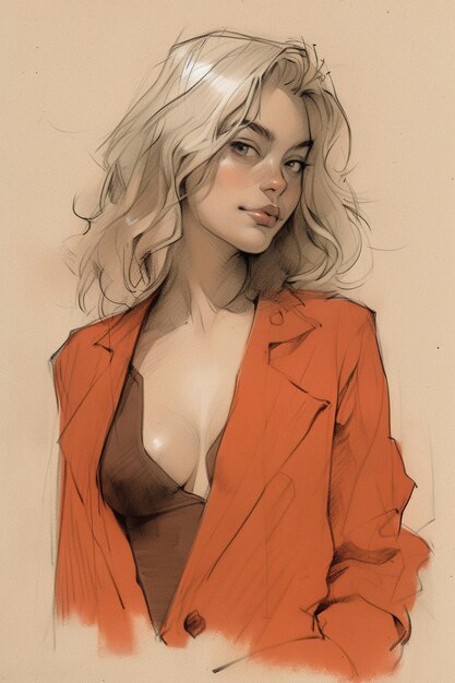 Sketch of sexy blond woman in red jacket and showing a bit of cleavage