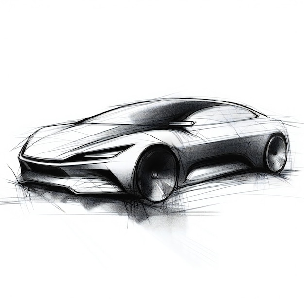 흰색으로 칠해진 연필로 그려진 미래 지향적인 세단 자동차의 실루엣을 스케치합니다.