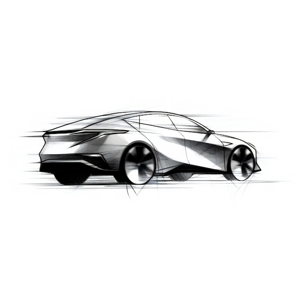 sketch silhouette of futuristic sedan Car all side dimention drawn with pencil water colored white