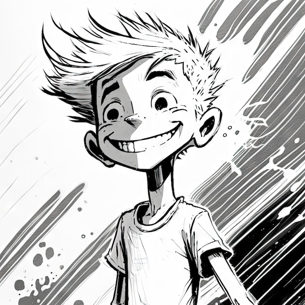 Sketch Smiling Boy with Messy Hair Hand Drawn Joyful Kid in TShirt Happy Schoolboy Against Stripes Black and White Ai Generative Illustration