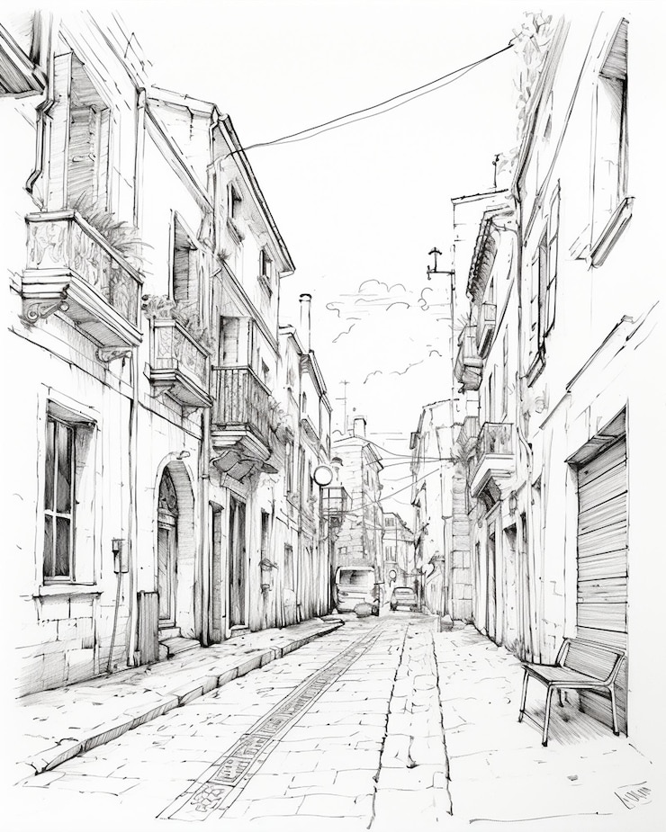 Photo sketch of street showing buildings