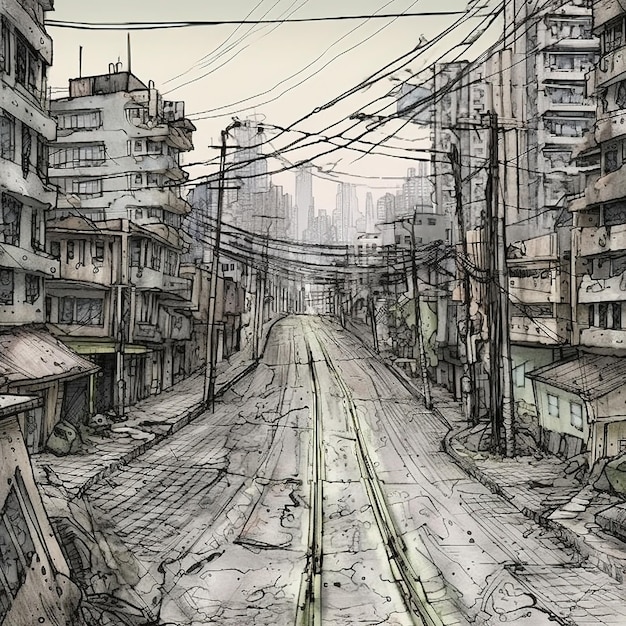 A sketch of a street with a dirty cityscape.