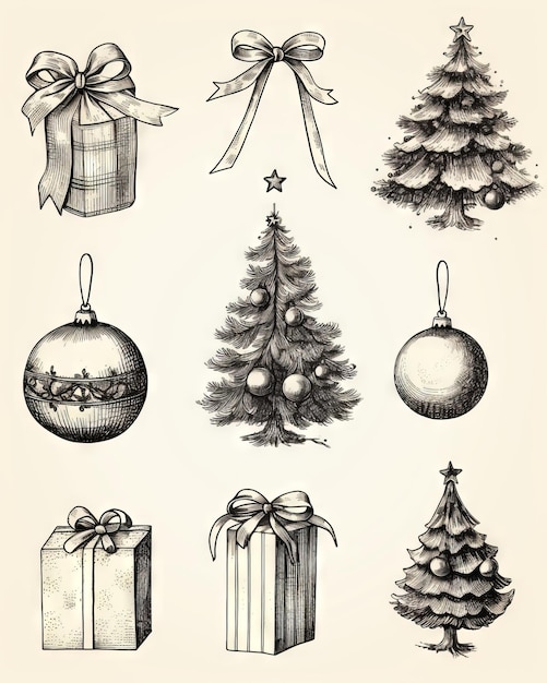 Photo sketch of symmetrically positioned christmas related items on white background vintage