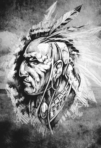 Эскиз искусства татуировки, голова индейца на фоне поля