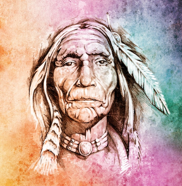 sketch of tattoo art, portrait of american indian head over colorful paper