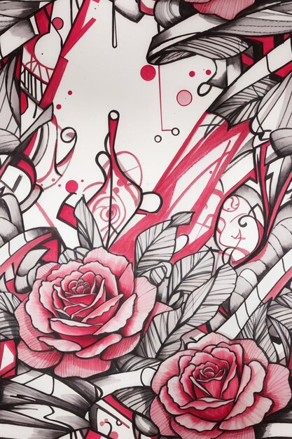 Photo sketch tattoo vectorized de color rosado con lines a lapis