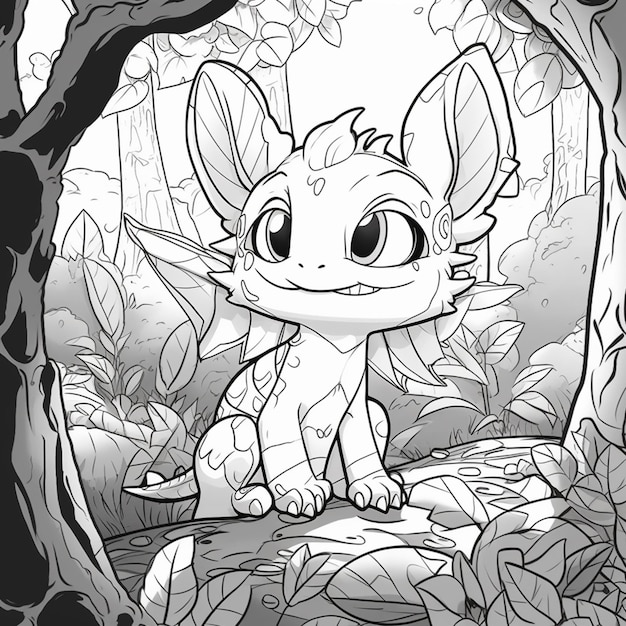 A sketch of a toothless dragon sitting on a tree branch.