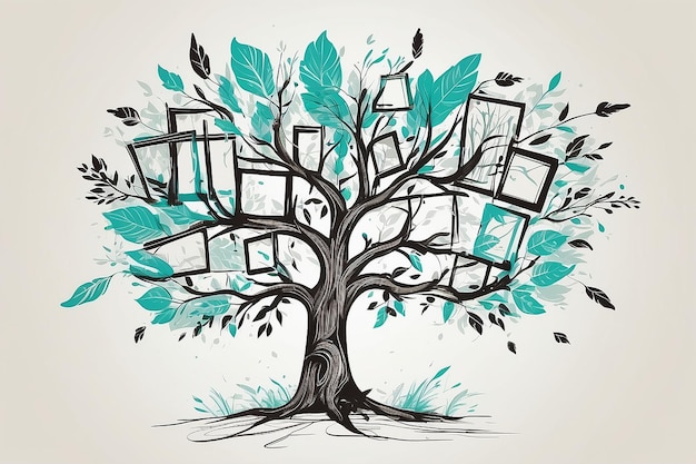 Photo sketch of tree with arrows and frames for your design