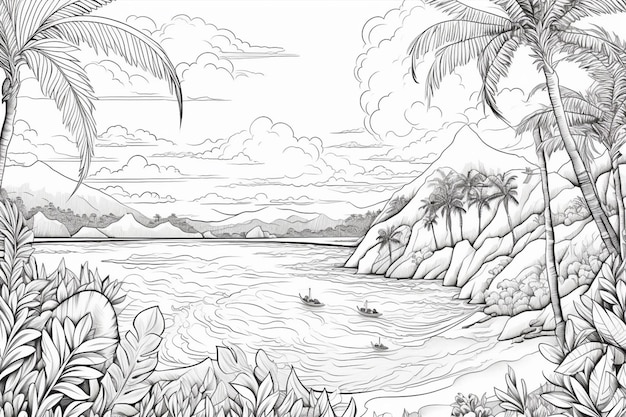A sketch of a tropical island with mountains and palm trees.