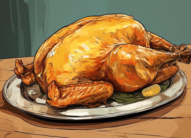 a sketch of a turkey that is laying on a plate in the style of roughedged 2d animation