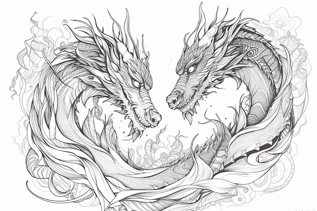 A sketch of two dragons facing each other