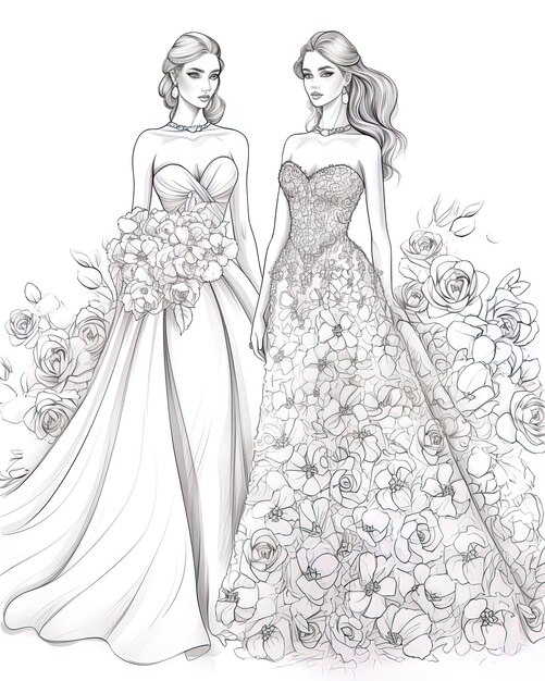 a sketch of two women in a wedding gowns