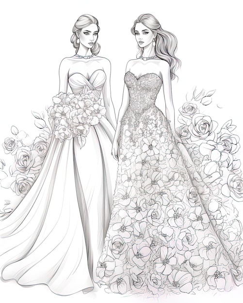 a sketch of two women in a wedding gowns