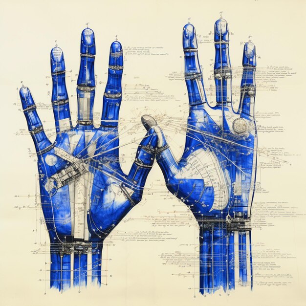 Foto sketch van een blauwe hand.