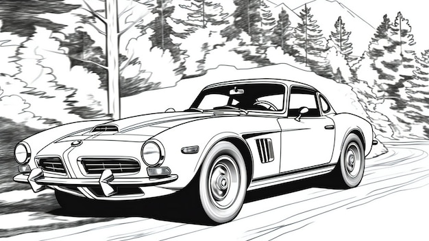 Sketch of a vintage car on the road in the mountains