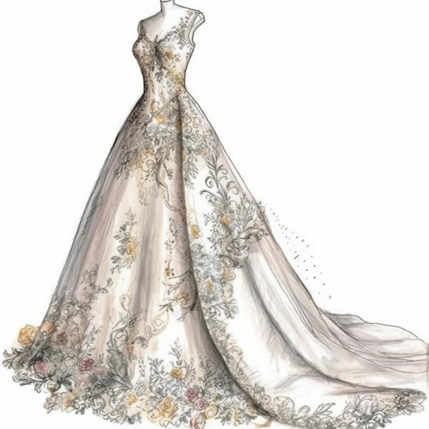 A sketch of a wedding dress with a floral pattern.