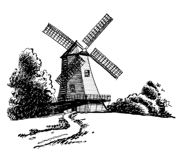 Photo a sketch of a windmill with the word windmill on the top.