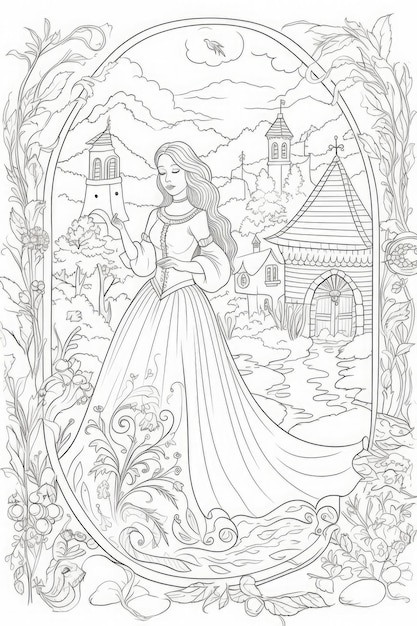 A sketch of a woman in a dress with a church in the background.