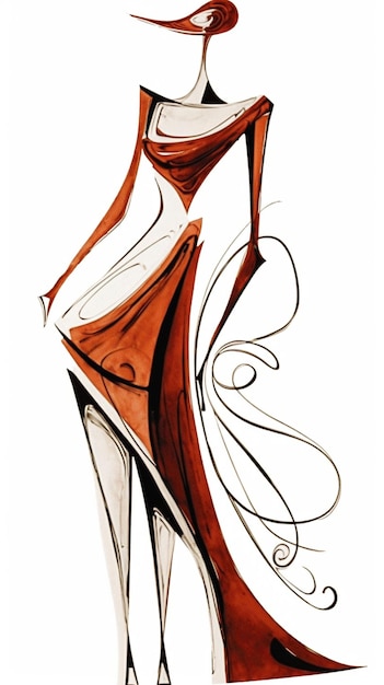 A sketch of a woman in a red dress and high heeled shoes.