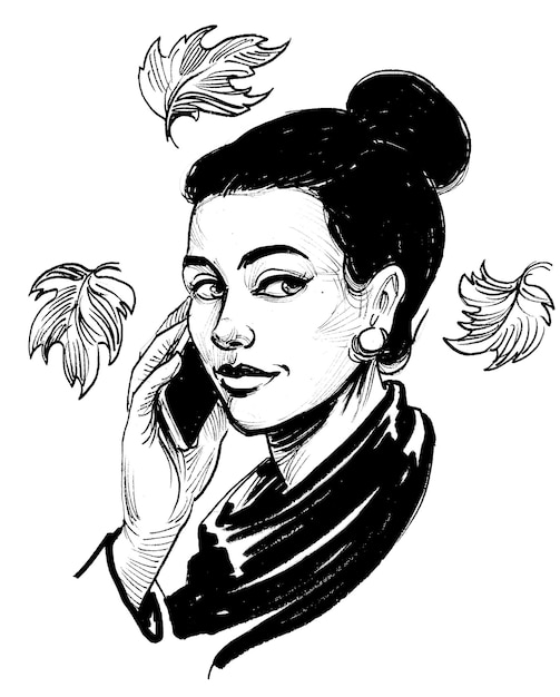 A sketch of a woman talking on a phone