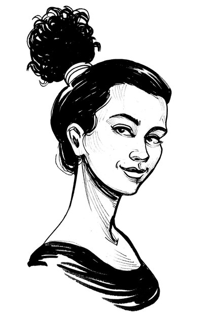 A sketch of a woman with a bun on her head.