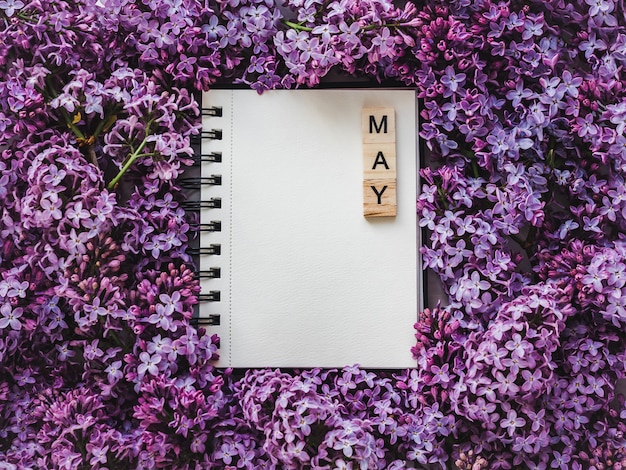 Sketchbook, blank page and bright lilac flowers