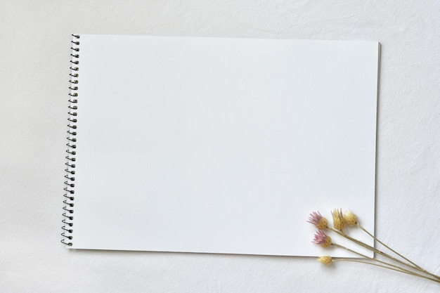 Sketchbook and five immortelle flowers on a white linen tablecloth