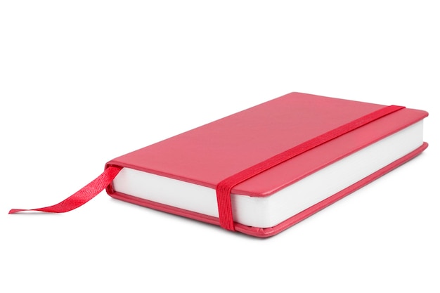 Sketchbook with blank red cover and bookmark lying on white background