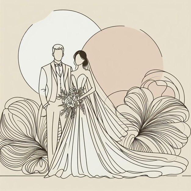 Photo a sketched fashion illustration of a beautiful bride and groom for social media template design