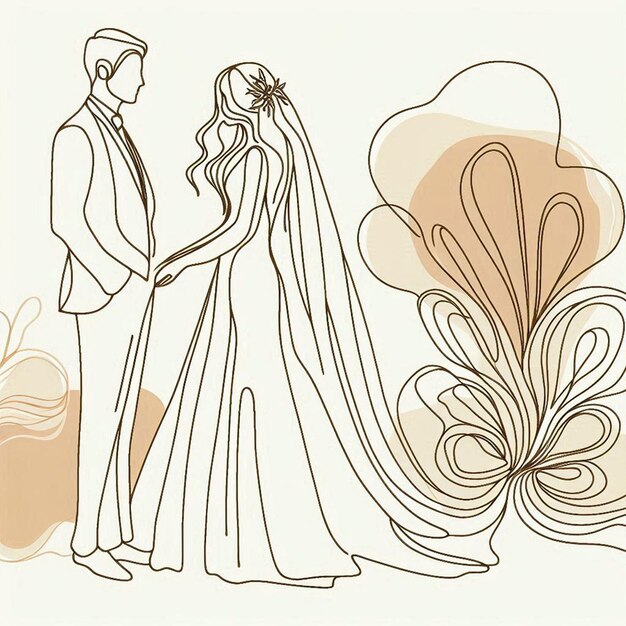 A sketched fashion illustration of a beautiful bride and groom for social media template design