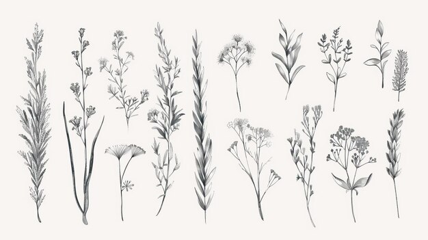 Photo sketches of flowers and branches from a botanical collection