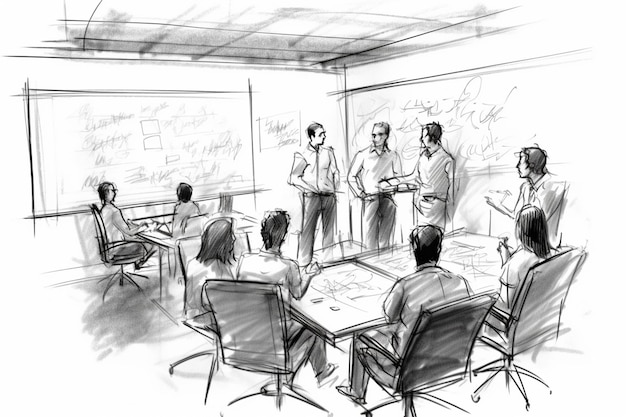 Sketches of a group of people in a meeting room generative ai