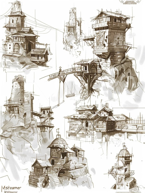 sketches of a lighthouse and a bridge in a city generative ai