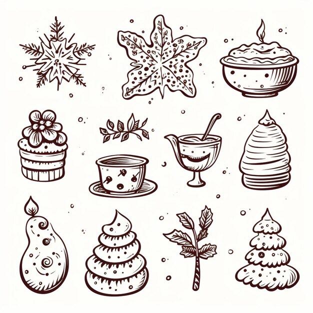 写真 クリスマスの食事とデザートを白い背景で描いたスケッチ